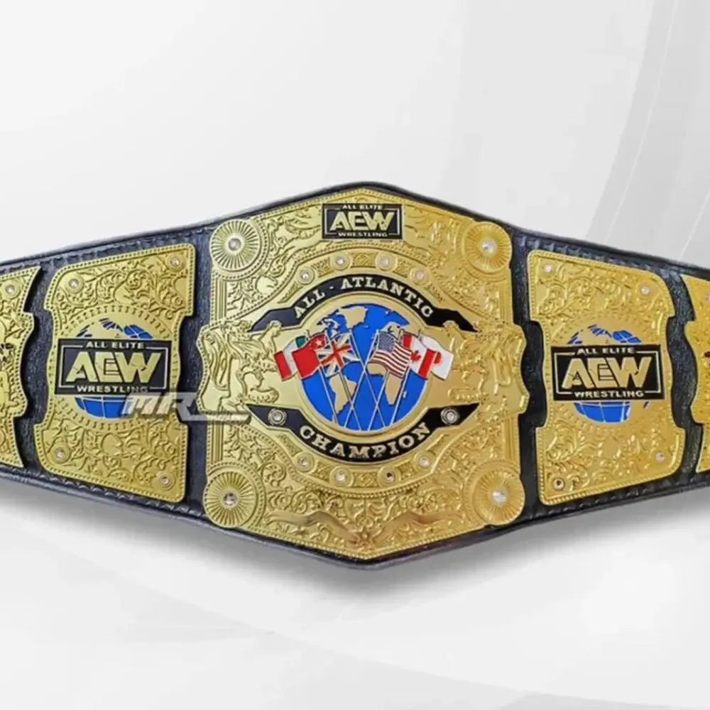 AEW All Atlantic Championship belt with gold plates and multicolor flags on black leather strap