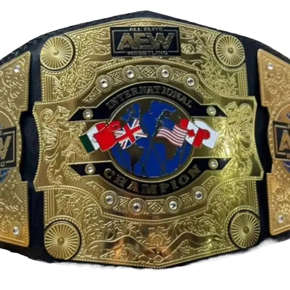 AEW All Atlantic Championship belt with gold plates and international flags from Championship Belt Store