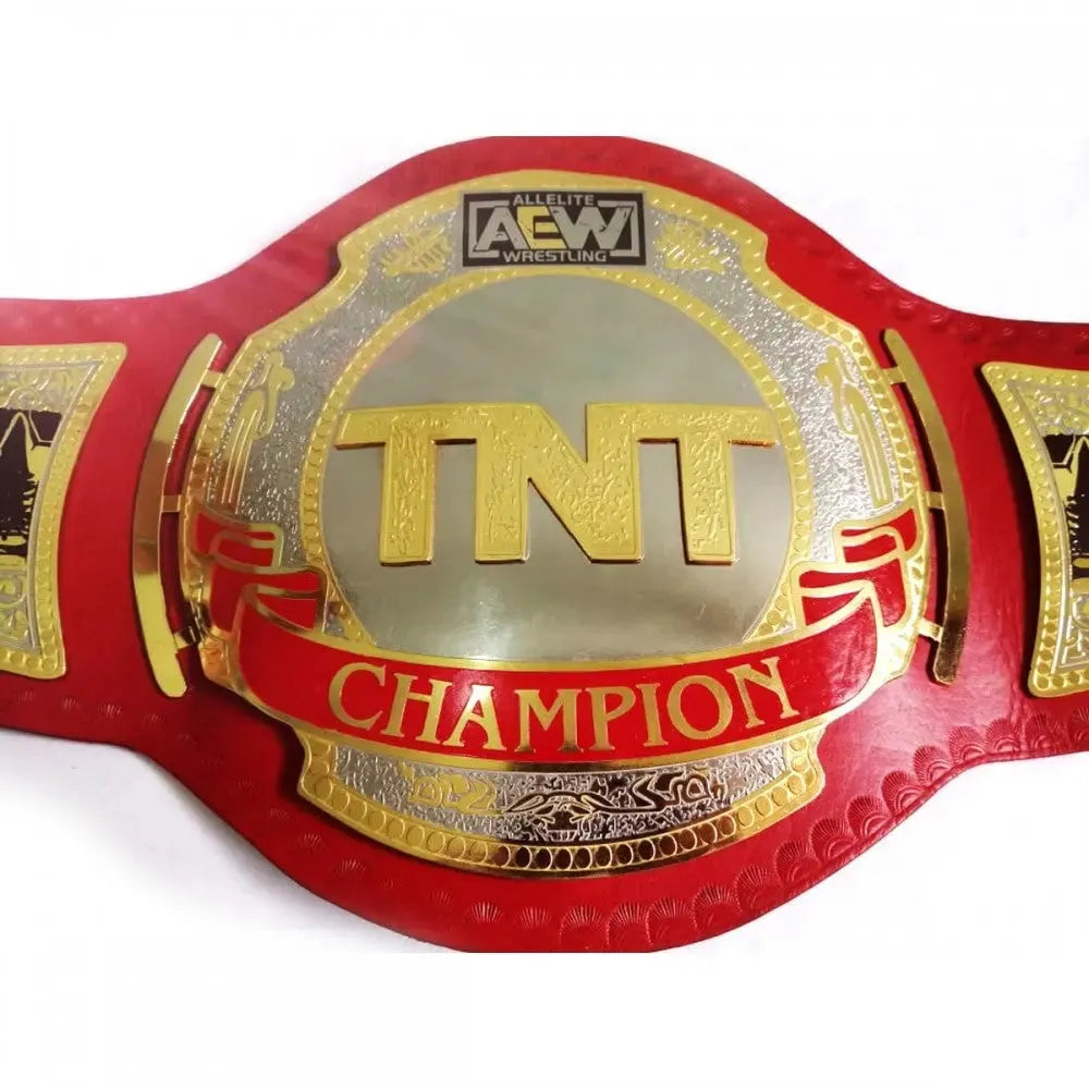 AEW TNT Championship replica belt with red strap and gold details from Championship Belt Store