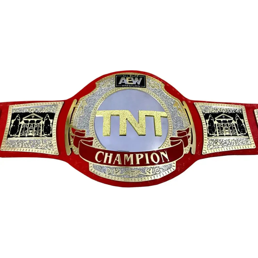 AEW TNT Championship replica belt with red strap and detailed silver and gold plating from Championship Belt Store