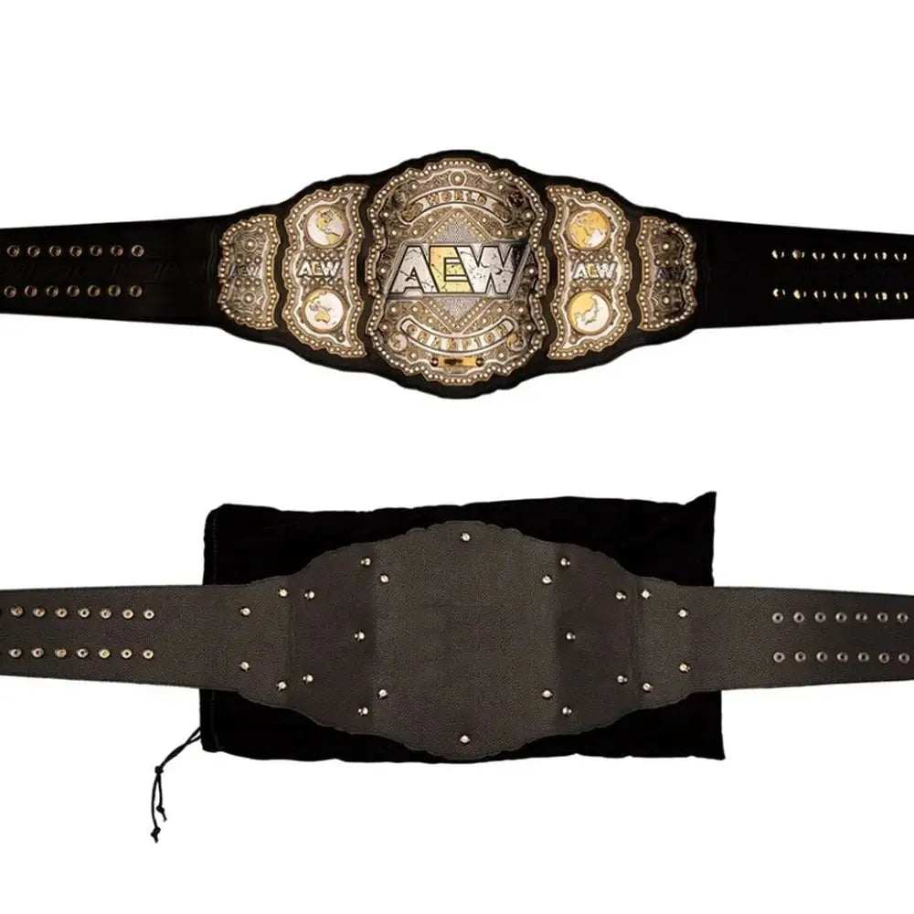AEW World Championship belt replica by Championship Belt Store showing front and back design with black strap and gold details