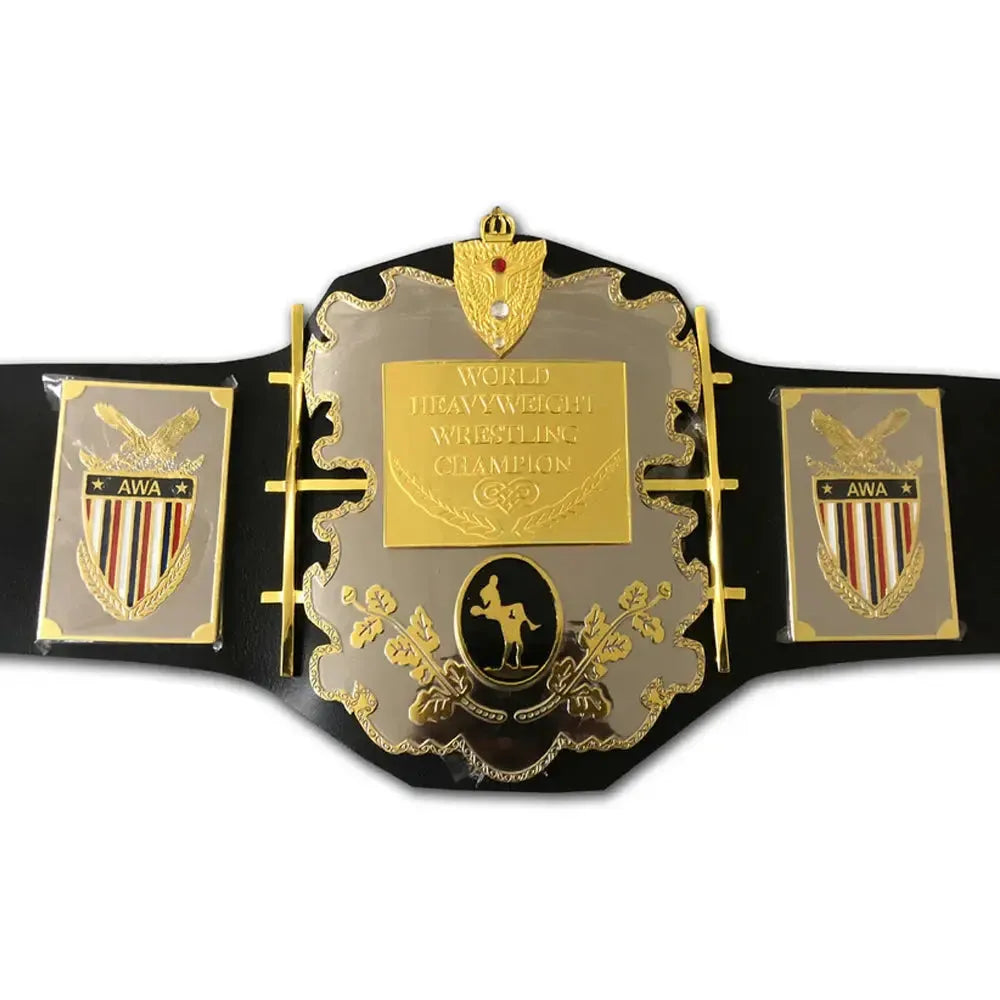 AWA heavyweight championship belt with gold and silver plates on black leather strap by Championship Belt Store