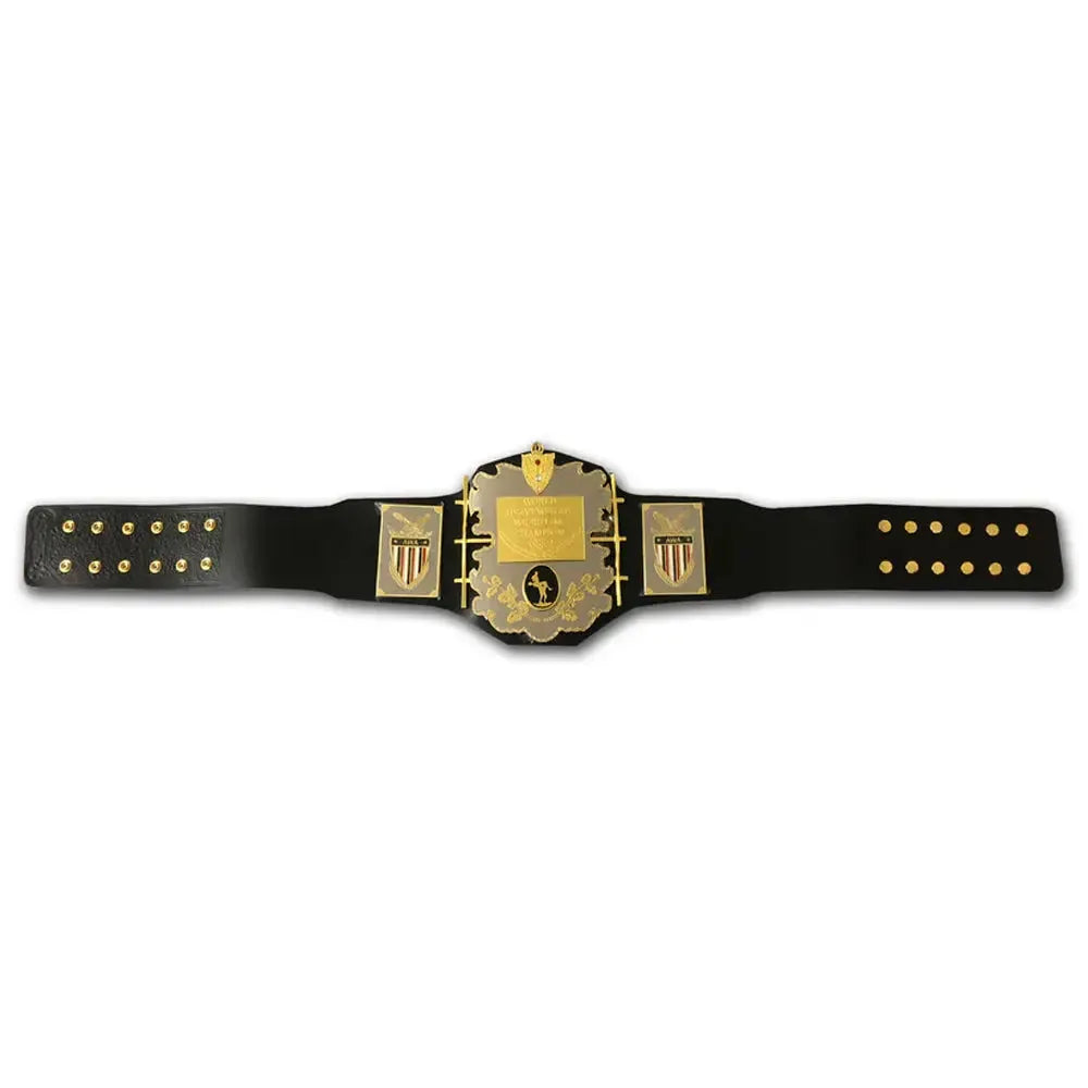 AWA heavyweight championship belt with black leather strap and gold plated center plate from Championship Belt Store