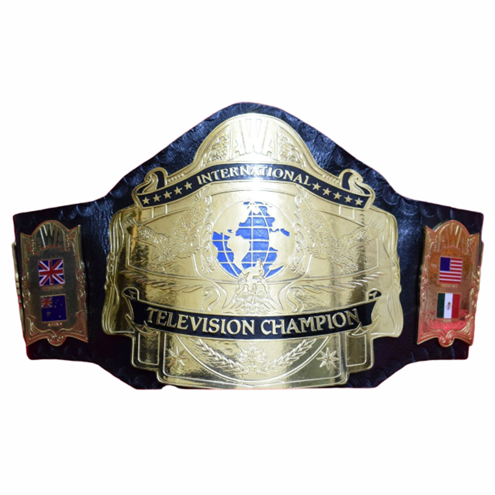 AWA International TV Championship Belt with gold plates and black leather strap from Championship Belt Store