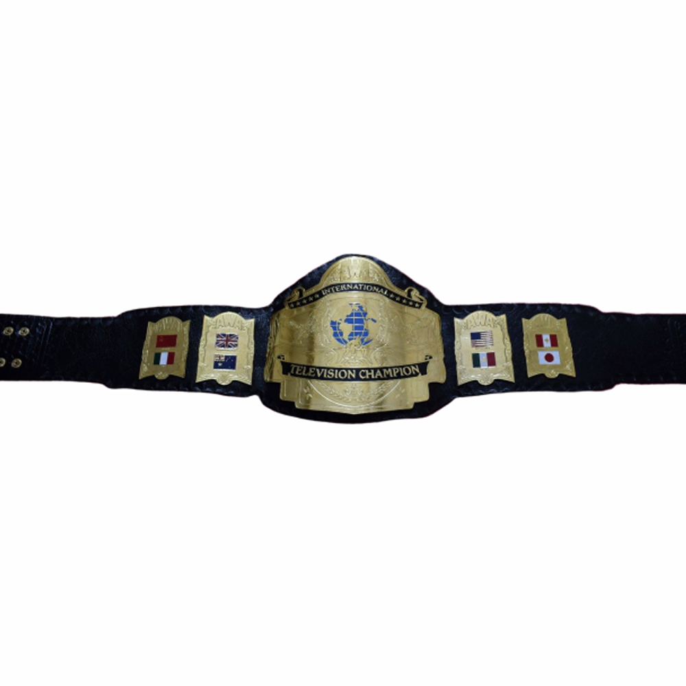AWA International TV Championship Belt with gold plates and black leather strap by Championship Belt Store