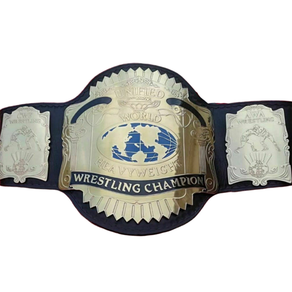 AWA Unified World Heavyweight Championship belt with gold plates and black strap by Championship Belt Store