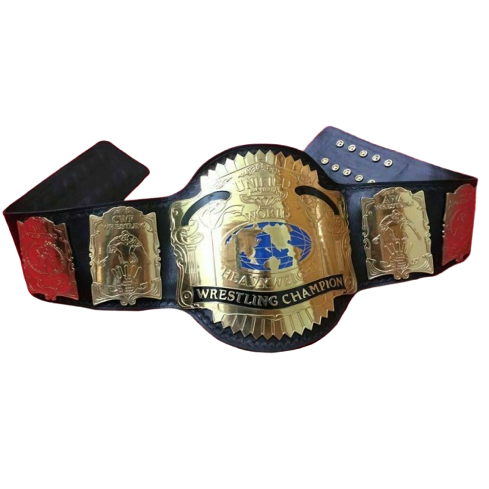 AWA Unified World Heavyweight Championship belt with gold plates and black leather strap from Championship Belt Store