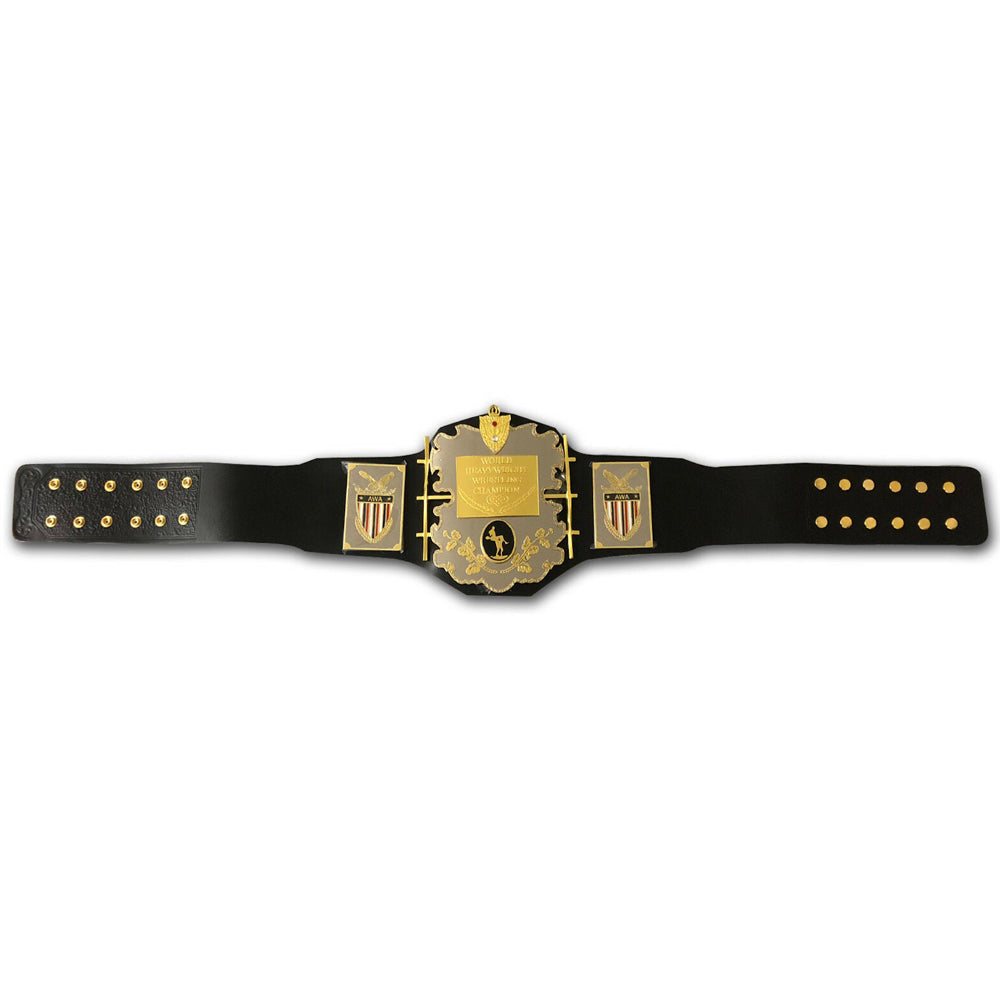 AWA World Heavyweight Championship belt with gold plates and black leather strap from Championship Belt Store