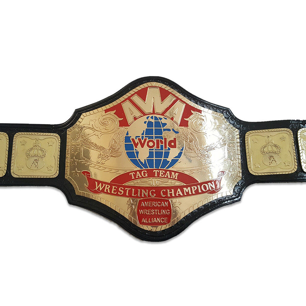 AWA World Tag Team Championship belt with gold plates and black leather strap from Championship Belt Store