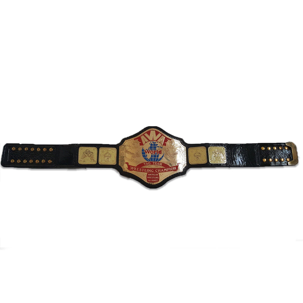 AWA World Tag Team Championship belt with black leather strap and gold plates from Championship Belt Store