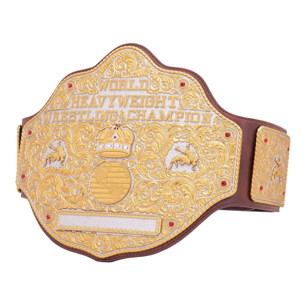 Big gold heavyweight championship belt with intricate gold detailing and brown leather strap