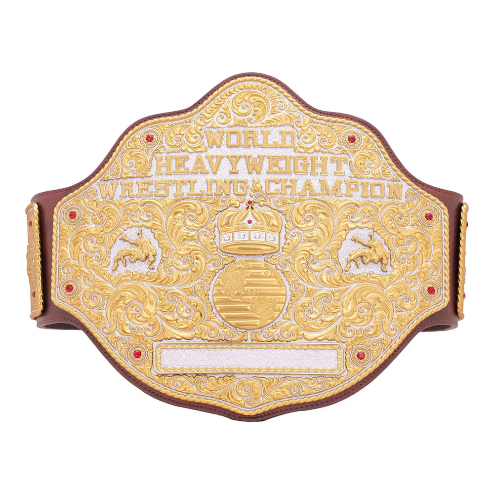 Big gold heavyweight championship belt with detailed gold plating and leather strap from Championship Belt Store