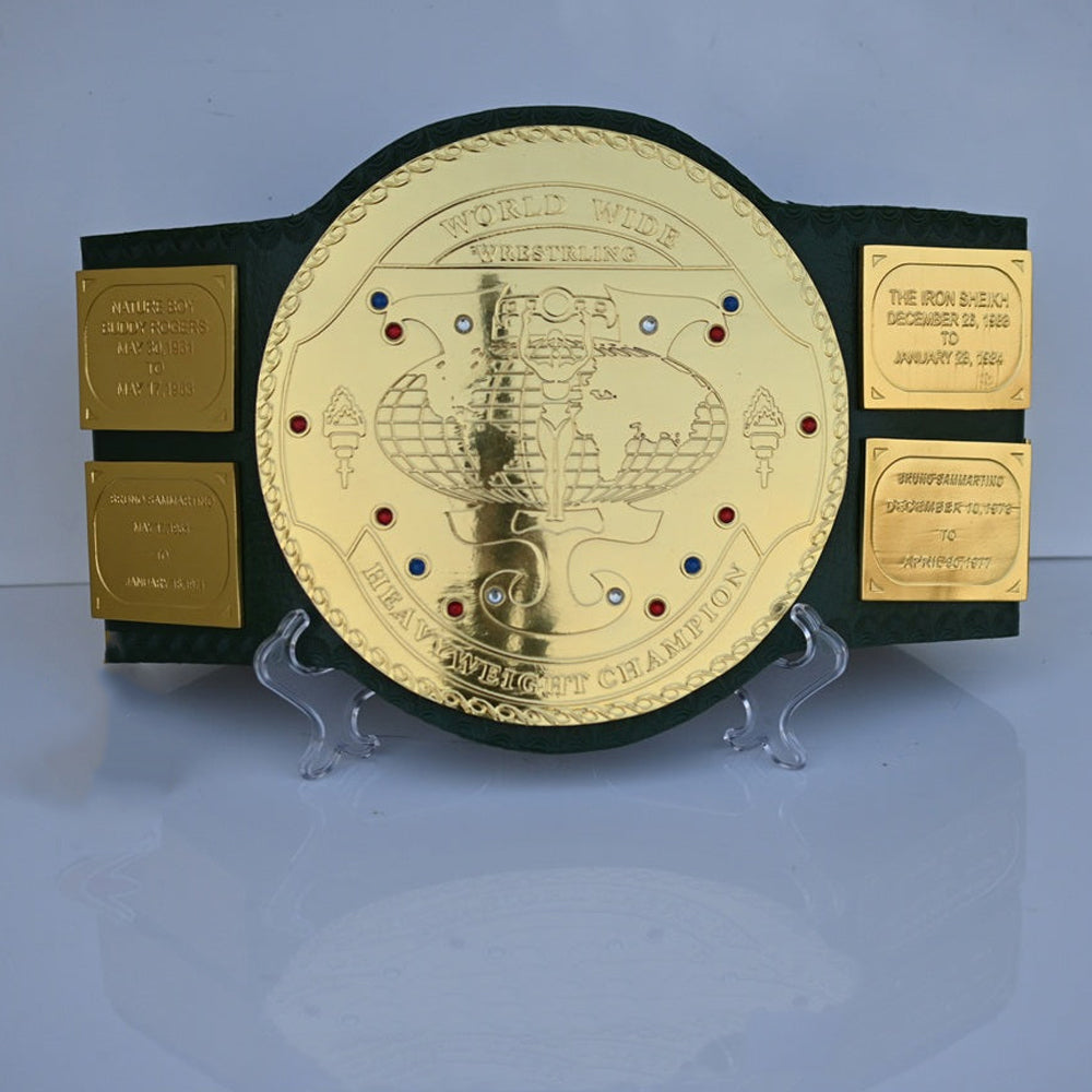 Big Green Belt WWE replica championship belt with gold plates and black leather strap from Championship Belt Store