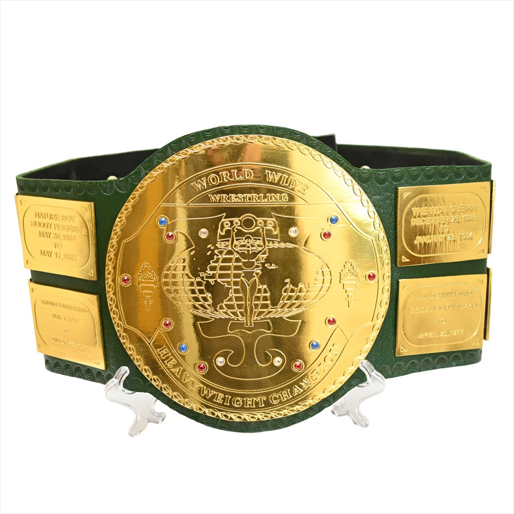 Big Green Belt WWE replica championship belt with gold plates and green strap by Championship Belt Store