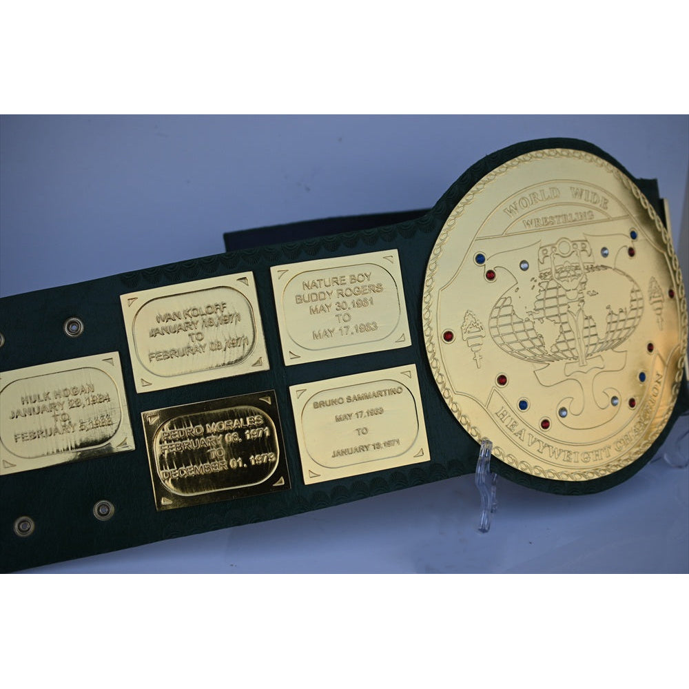 Big Green Belt WWE replica championship belt with gold plates and detailed engravings by Championship Belt Store