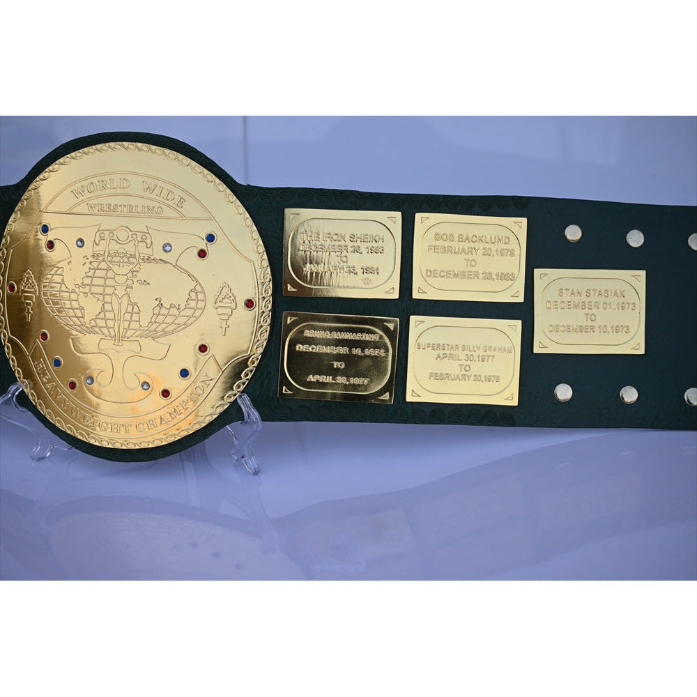 Big Green Belt WWE replica championship belt with gold plates and detailed inscriptions by Championship Belt Store