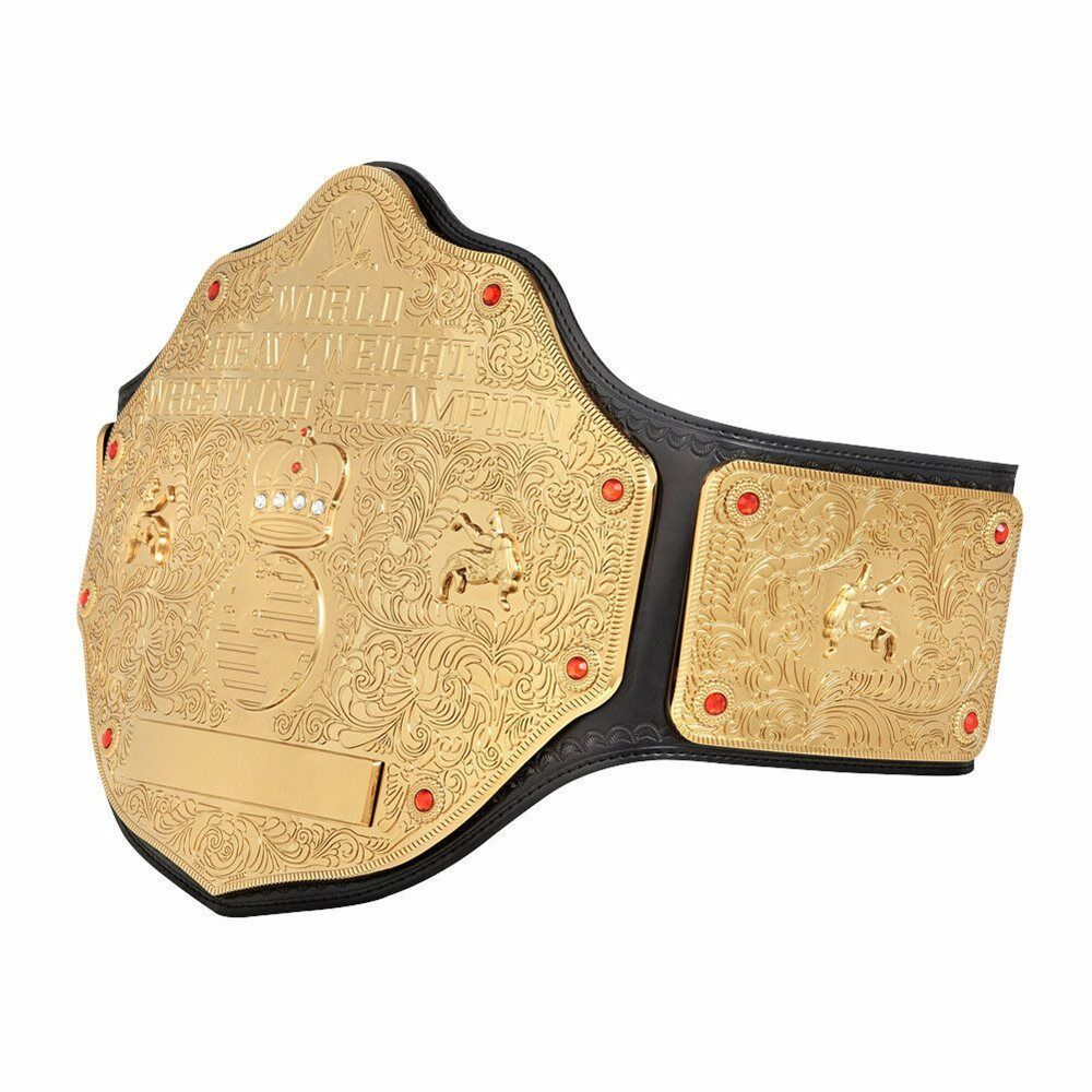 Classic Big Gold wrestling belt replica with detailed gold plates and black leather strap by Championship Belt Store