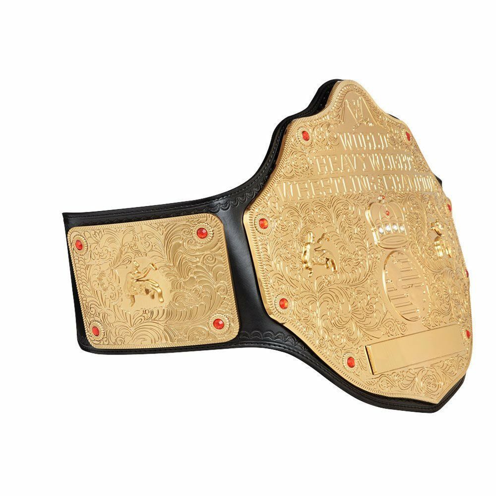 Classic Big Gold wrestling belt replica with detailed gold plates and black leather strap from Championship Belt Store