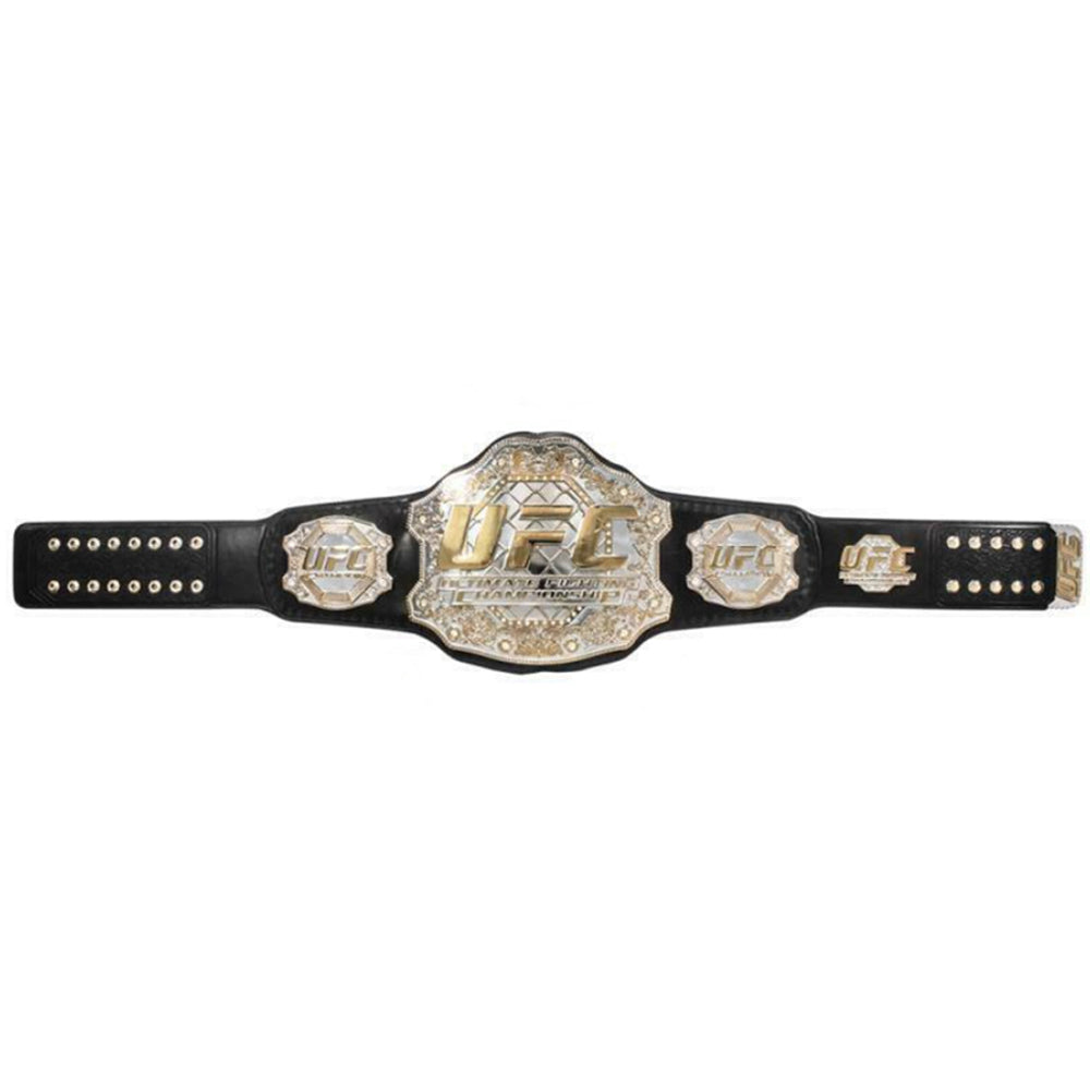 Classic UFC title belt for sale with detailed gold plates and black leather strap from Championship Belt Store