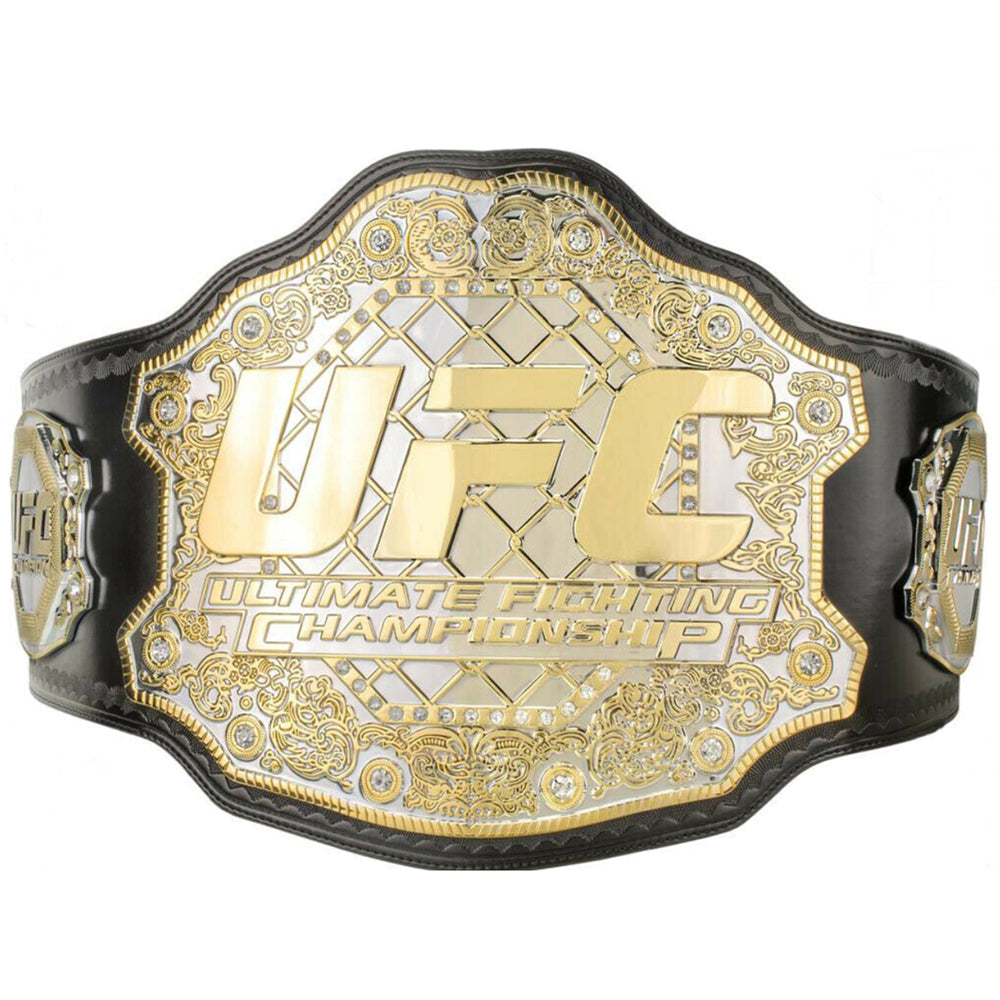 Classic UFC title belt for sale featuring gold plating and detailed design with black leather strap