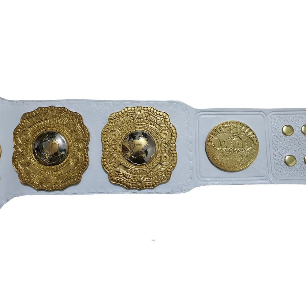 IWGP championship belt for sale with gold detailed plates on a white leather strap from Championship Belt Store