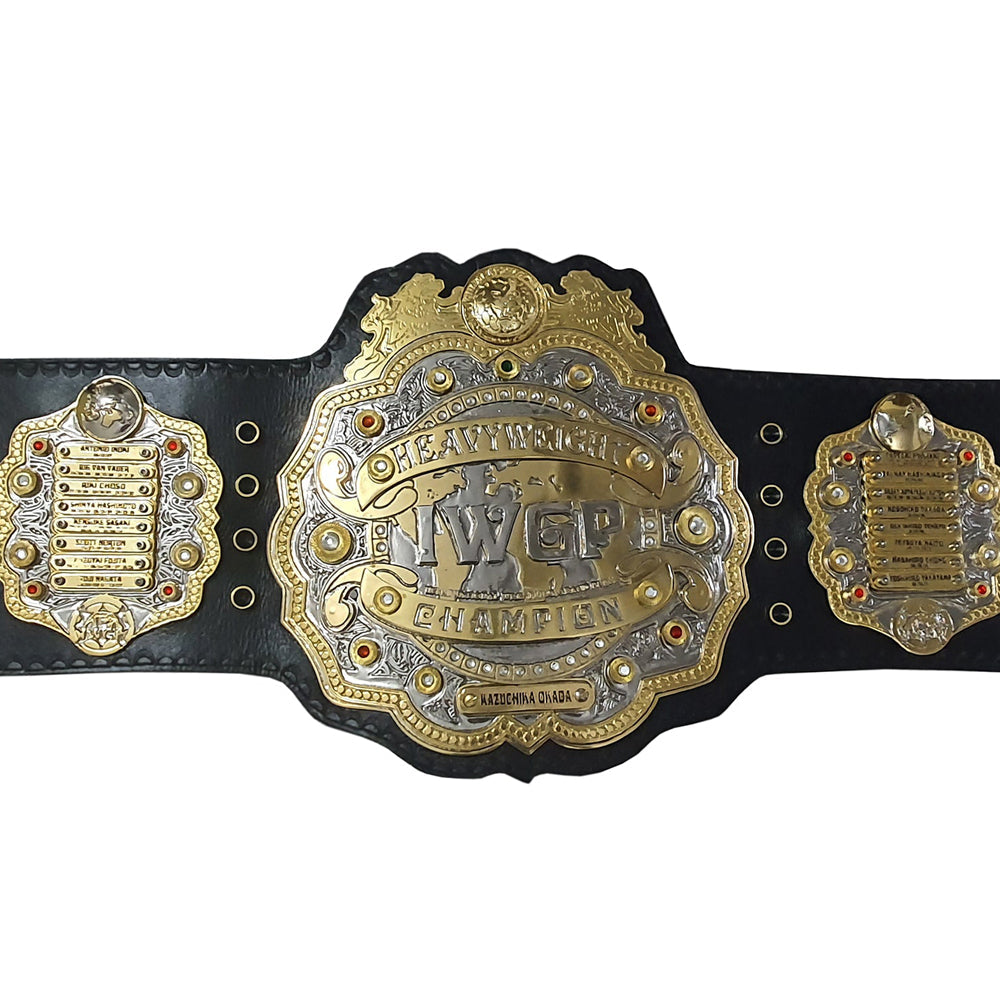 IWGP Heavyweight Championship replica belt with detailed gold plates and black leather strap
