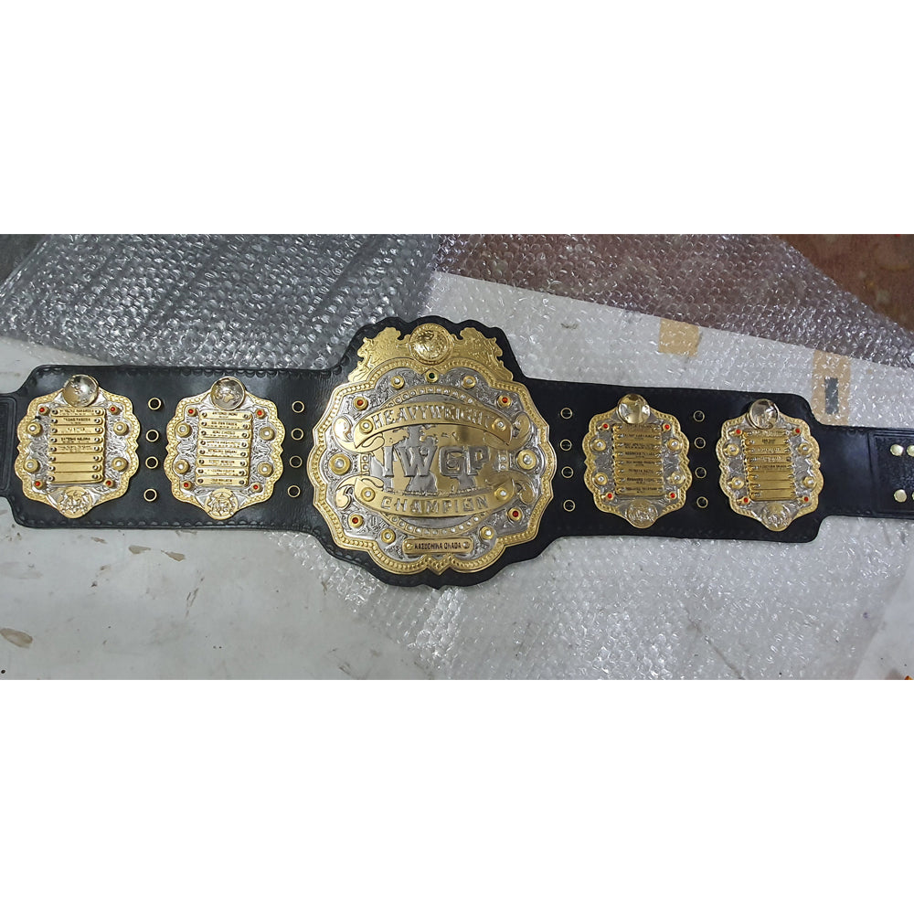 IWGP Heavyweight Championship replica belt with gold plates and black leather strap from Championship Belt Store