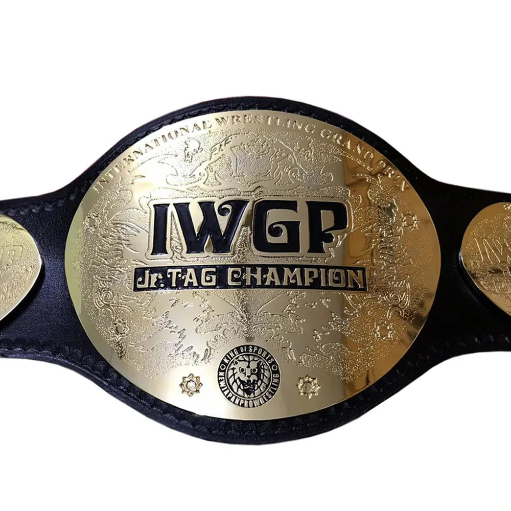 IWGP Jr. Tag Championship replica belt with gold center plate and black leather strap by Championship Belt Store