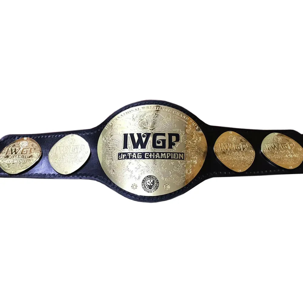 IWGP Jr. Tag Championship replica belt with gold plates and black leather strap from Championship Belt Store