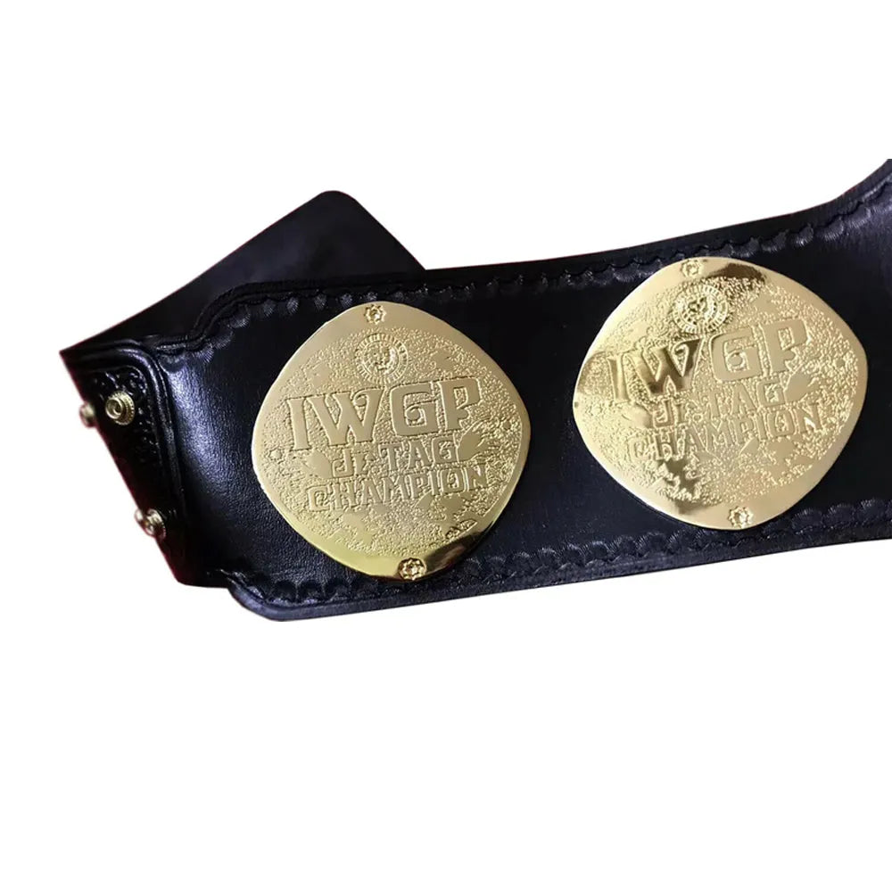 IWGP Jr. Tag Championship replica belt with gold plates on black leather strap from Championship Belt Store