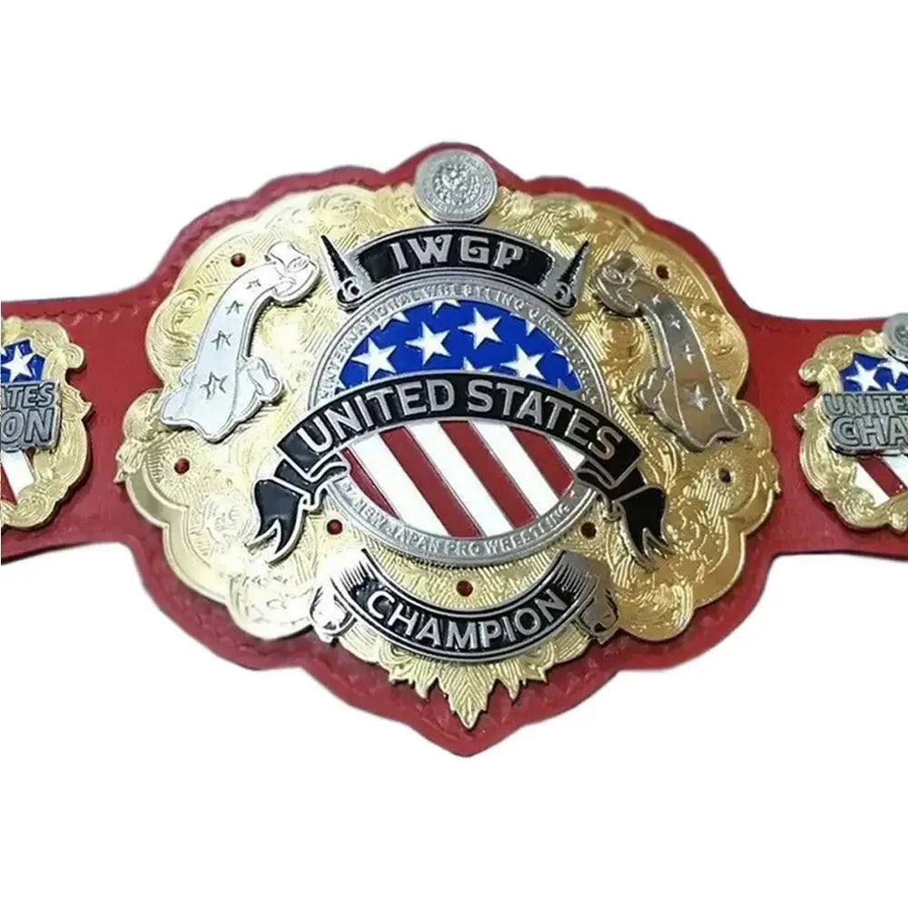 IWGP United States Championship replica belt with gold plates and red leather strap from Championship Belt Store