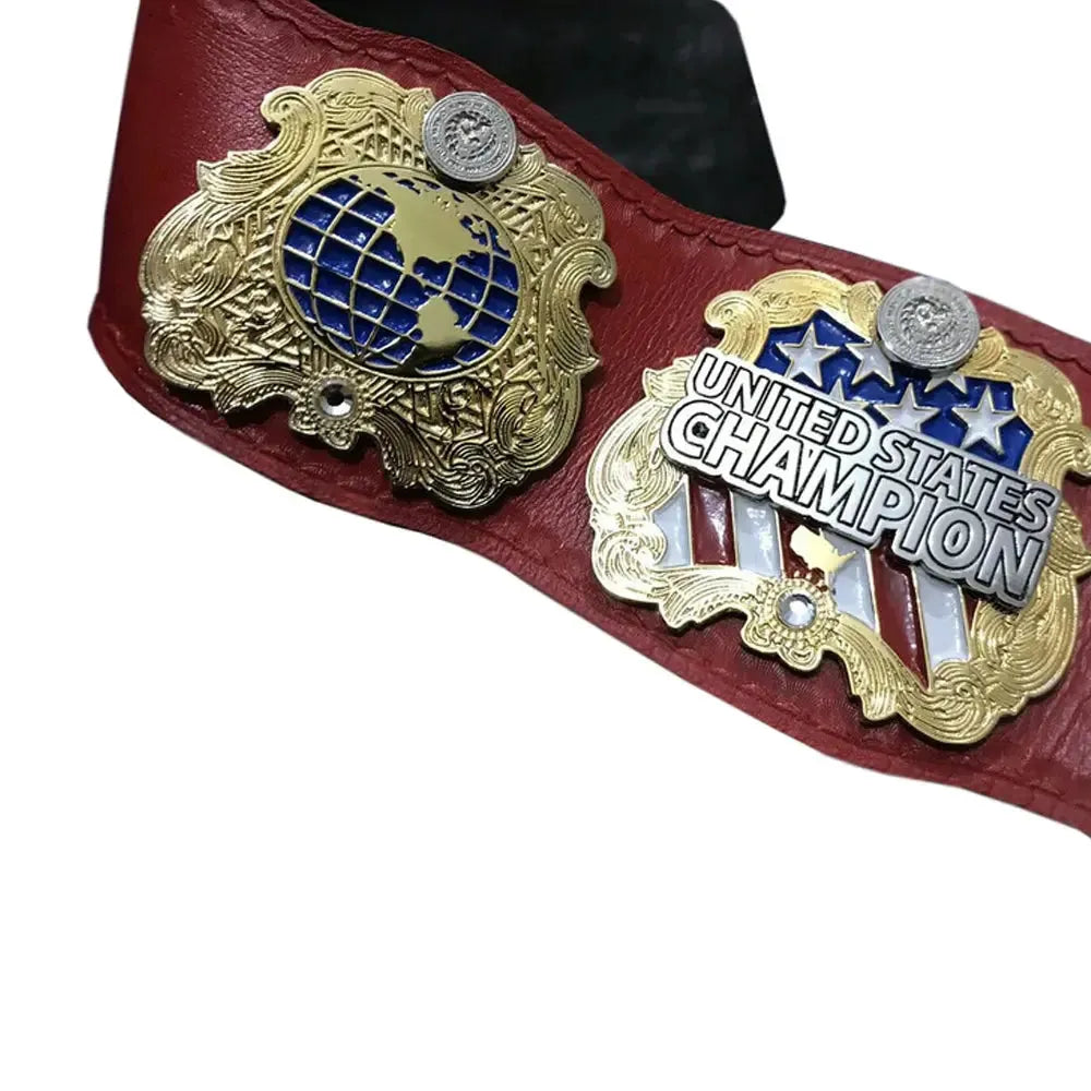 IWGP United States Championship replica belt with gold and blue detailed plates on red leather strap