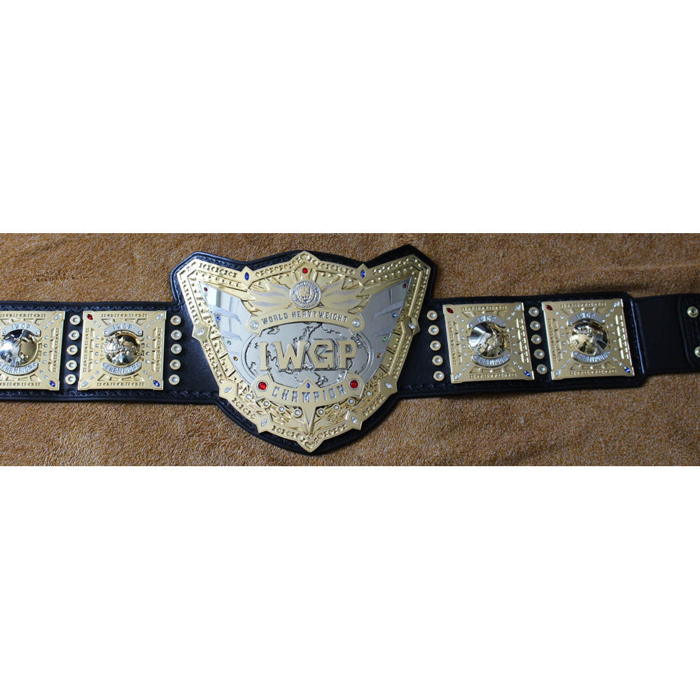 IWGP World Heavyweight Championship replica belt with gold plates and black leather strap from Championship Belt Store