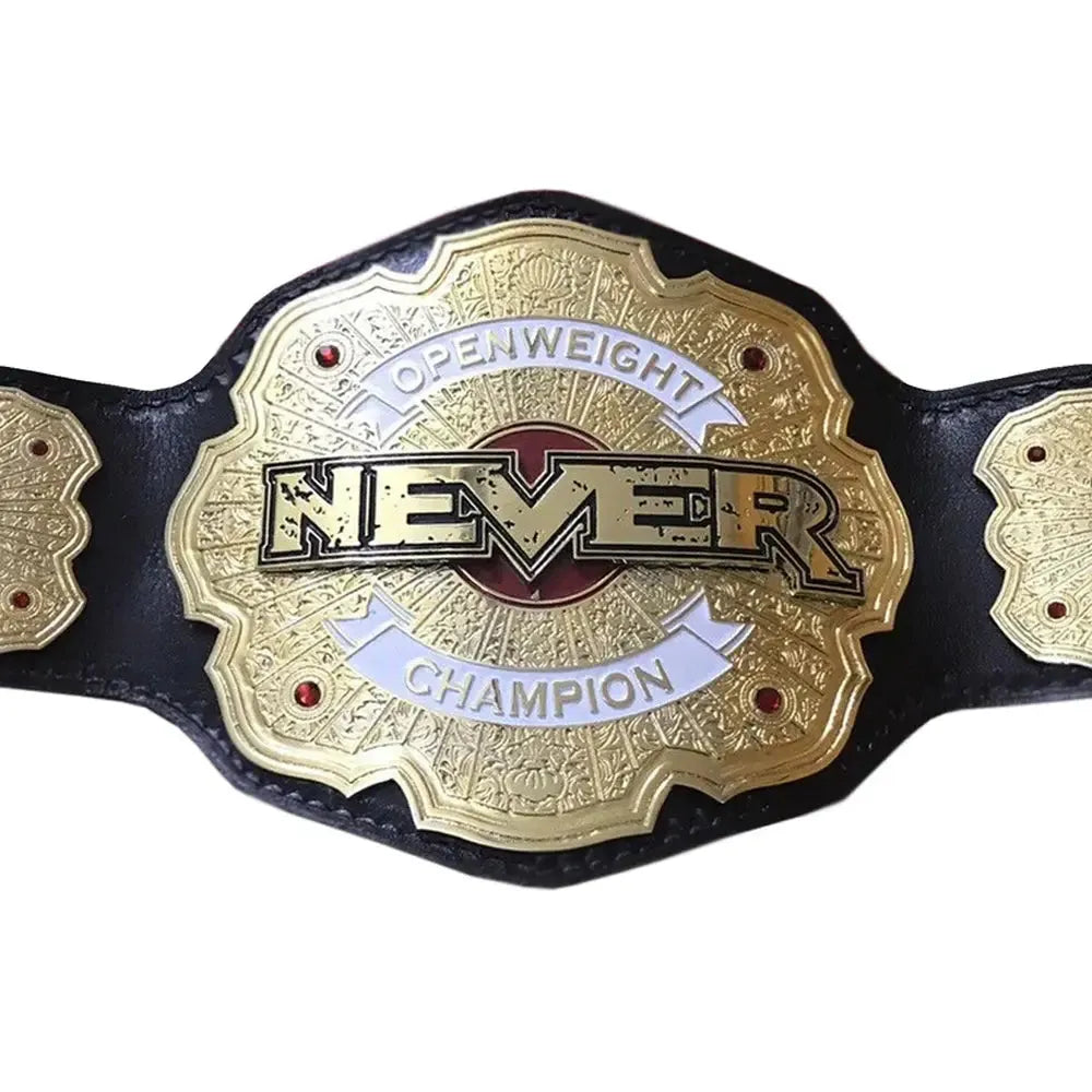 NJPW NEVER Openweight replica belt with gold plate and black leather strap by Championship Belt Store