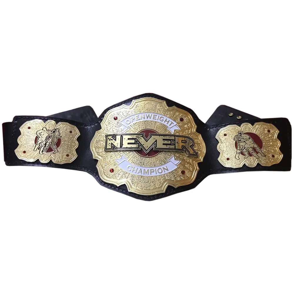 NJPW NEVER Openweight replica belt with gold plates and black leather strap from Championship Belt Store