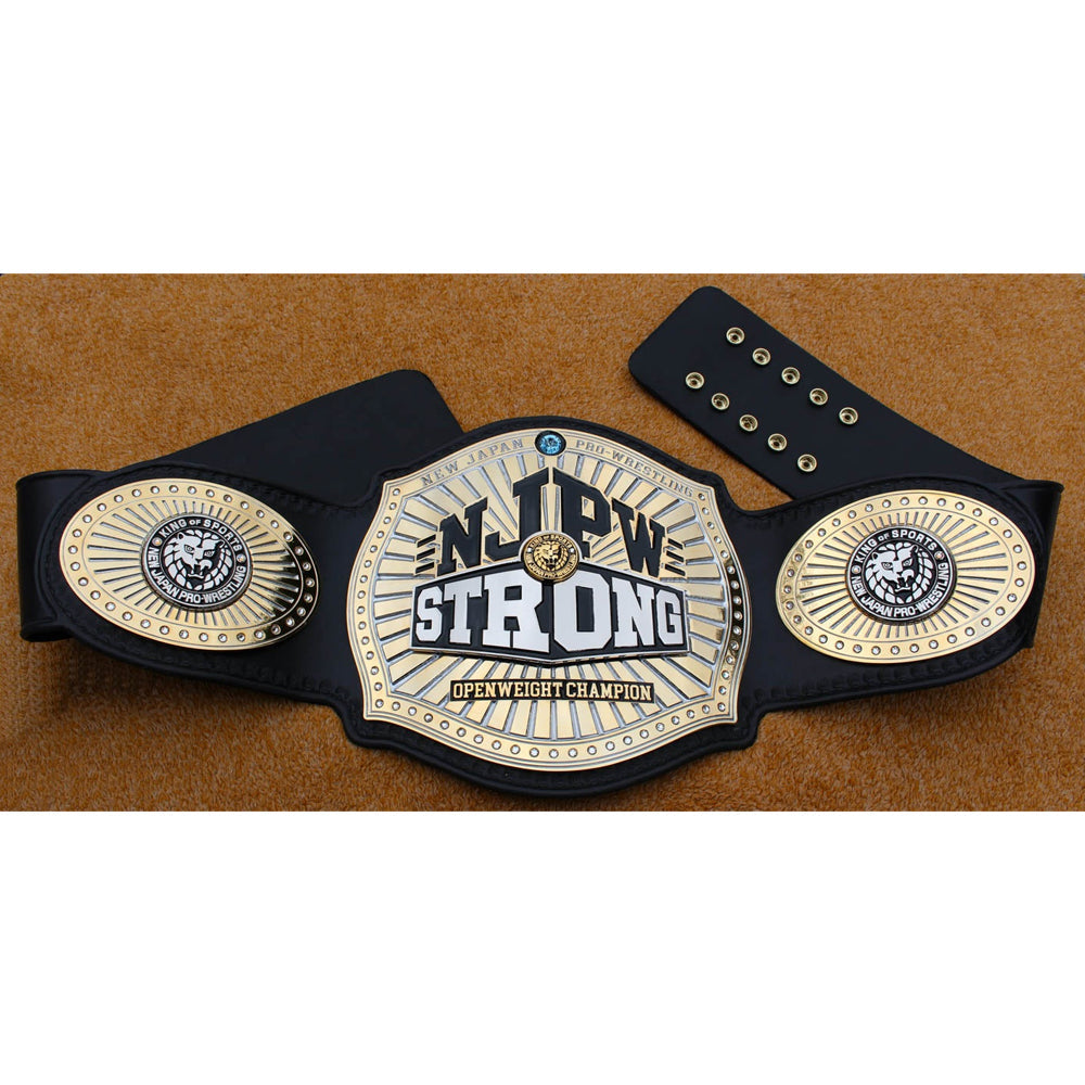 NJPW Strong Openweight championship belt by Championship Belt Store with detailed gold and black design