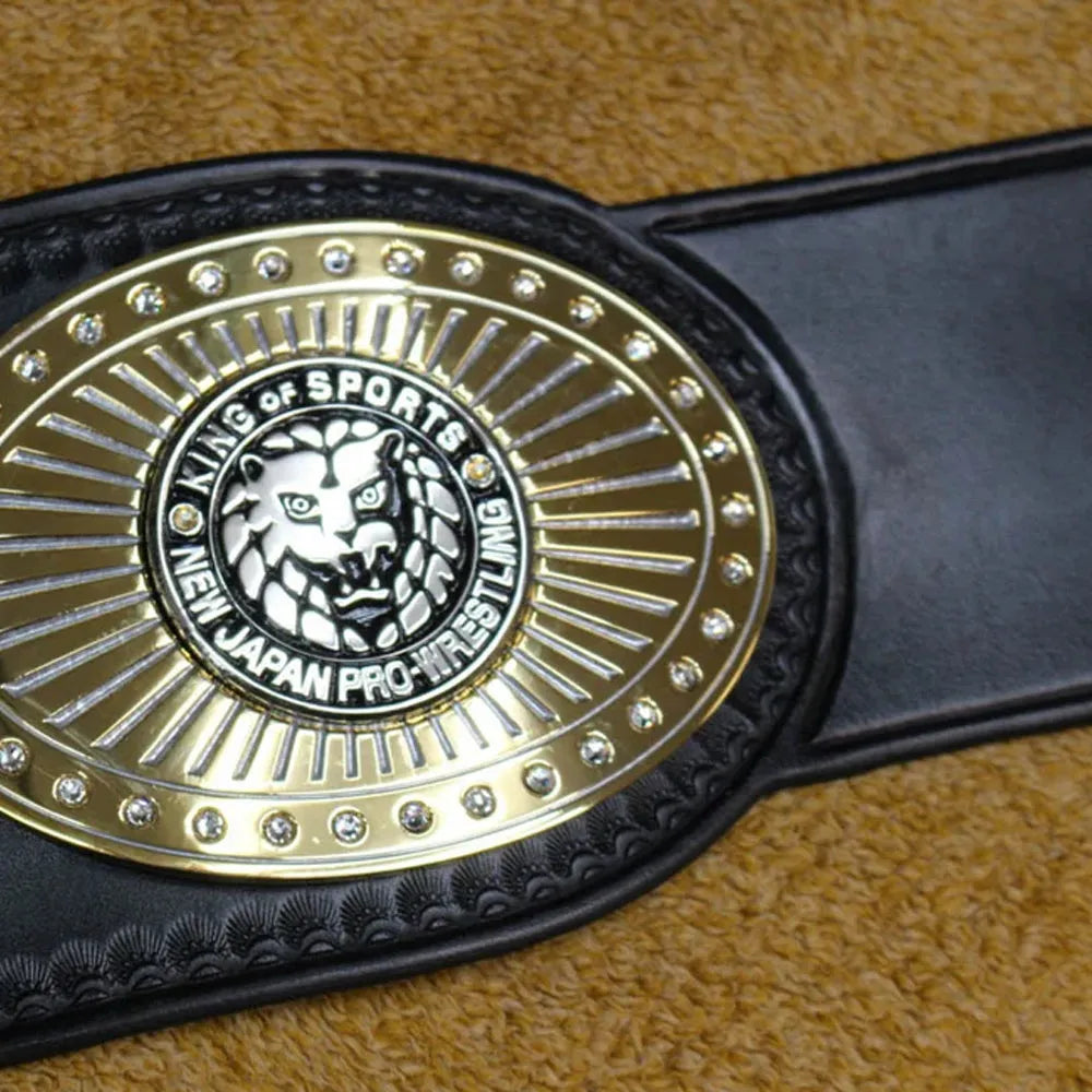 NJPW Strong Openweight replica belt with black leather strap and detailed gold and silver centerpiece
