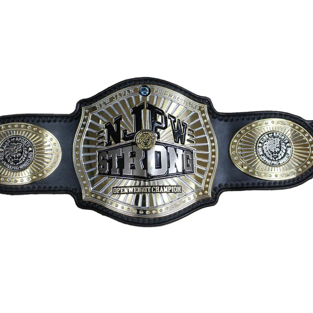 NJPW Strong Openweight replica belt with black strap and detailed gold and silver plates from Championship Belt Store
