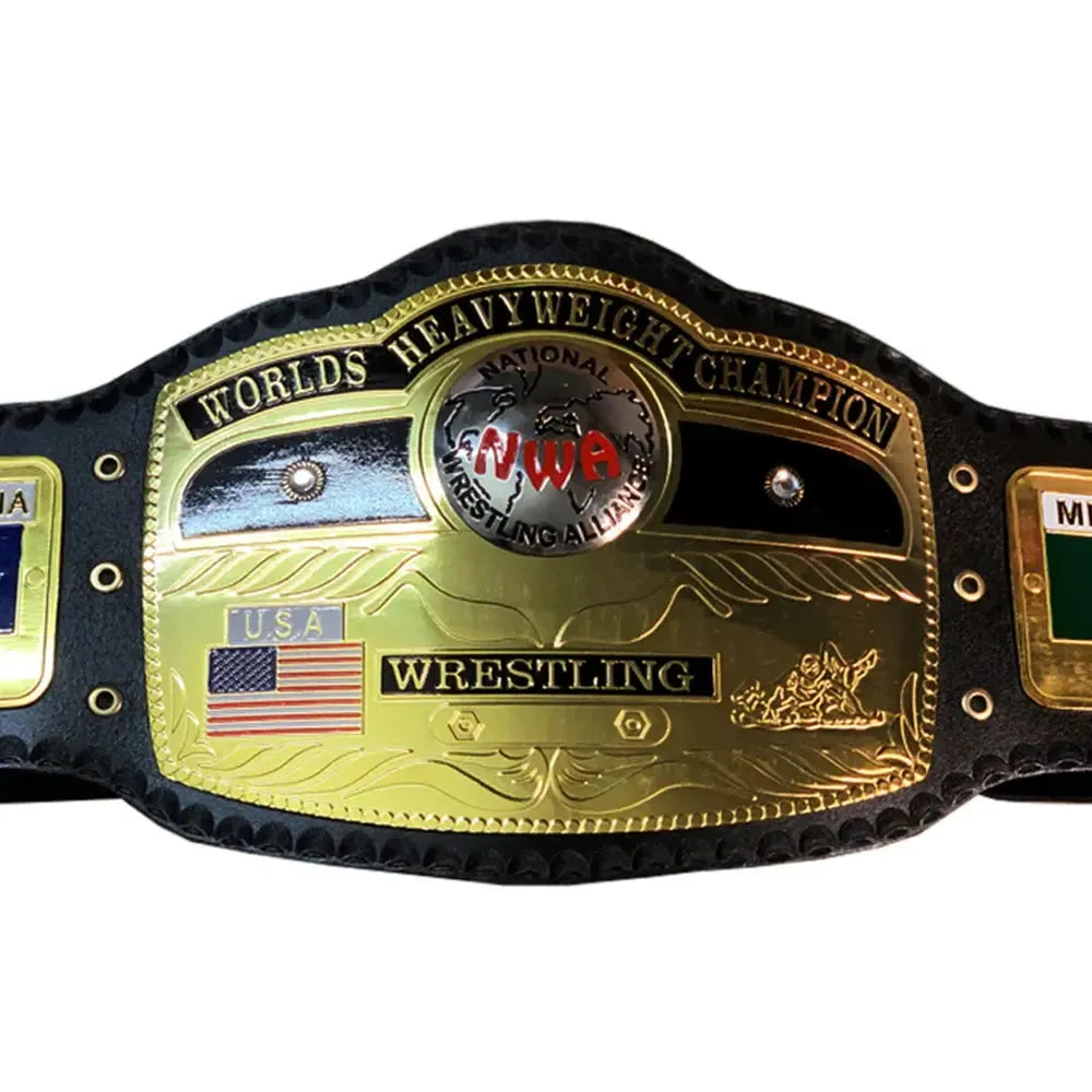NWA Domed Globe Championship Belt with gold plates and black strap by Championship Belt Store