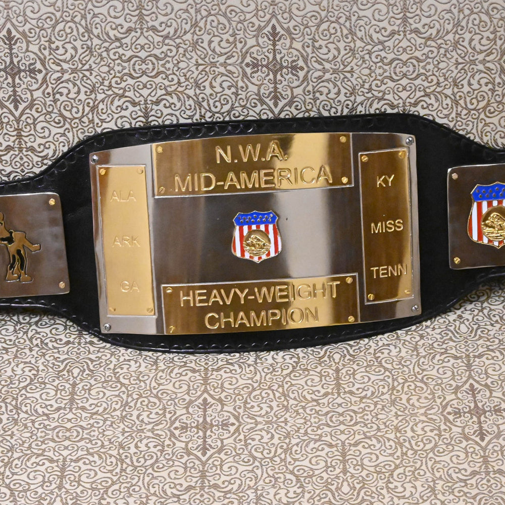 NWA Mid-America championship replica belt with gold plates on black leather strap from Championship Belt Store