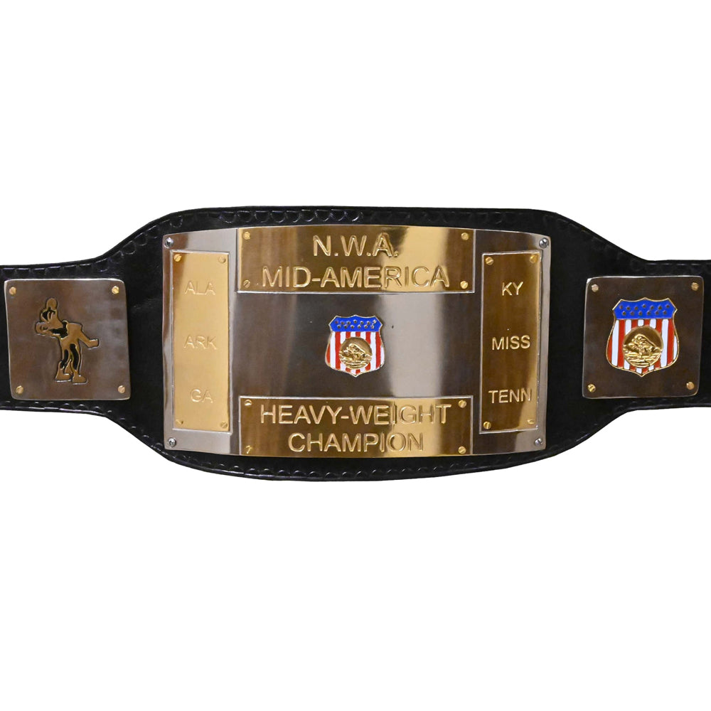 NWA Mid-America championship replica belt with gold plates and black leather strap from Championship Belt Store
