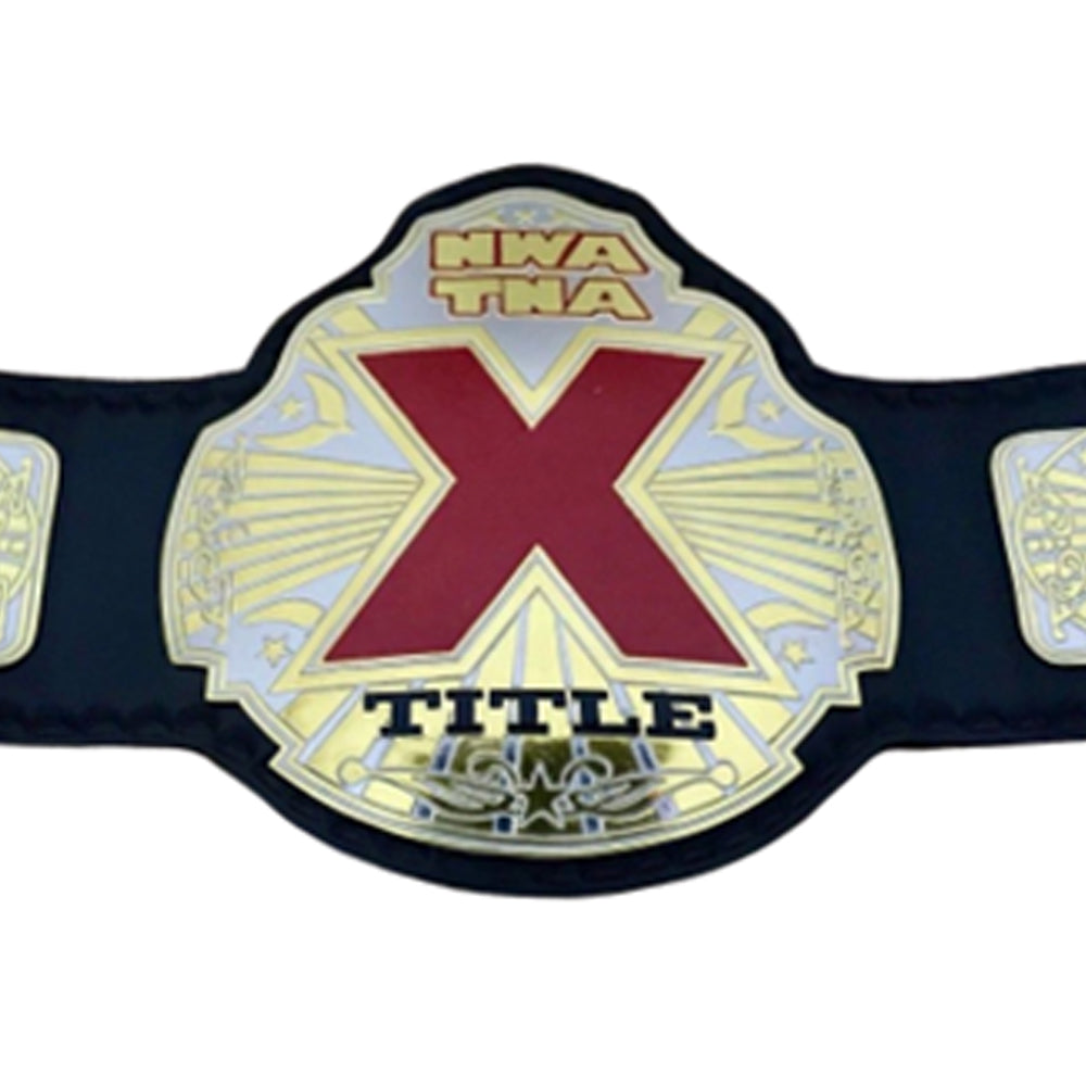 NWA TNA X Division championship belt with large red X and detailed gold and silver design on black strap