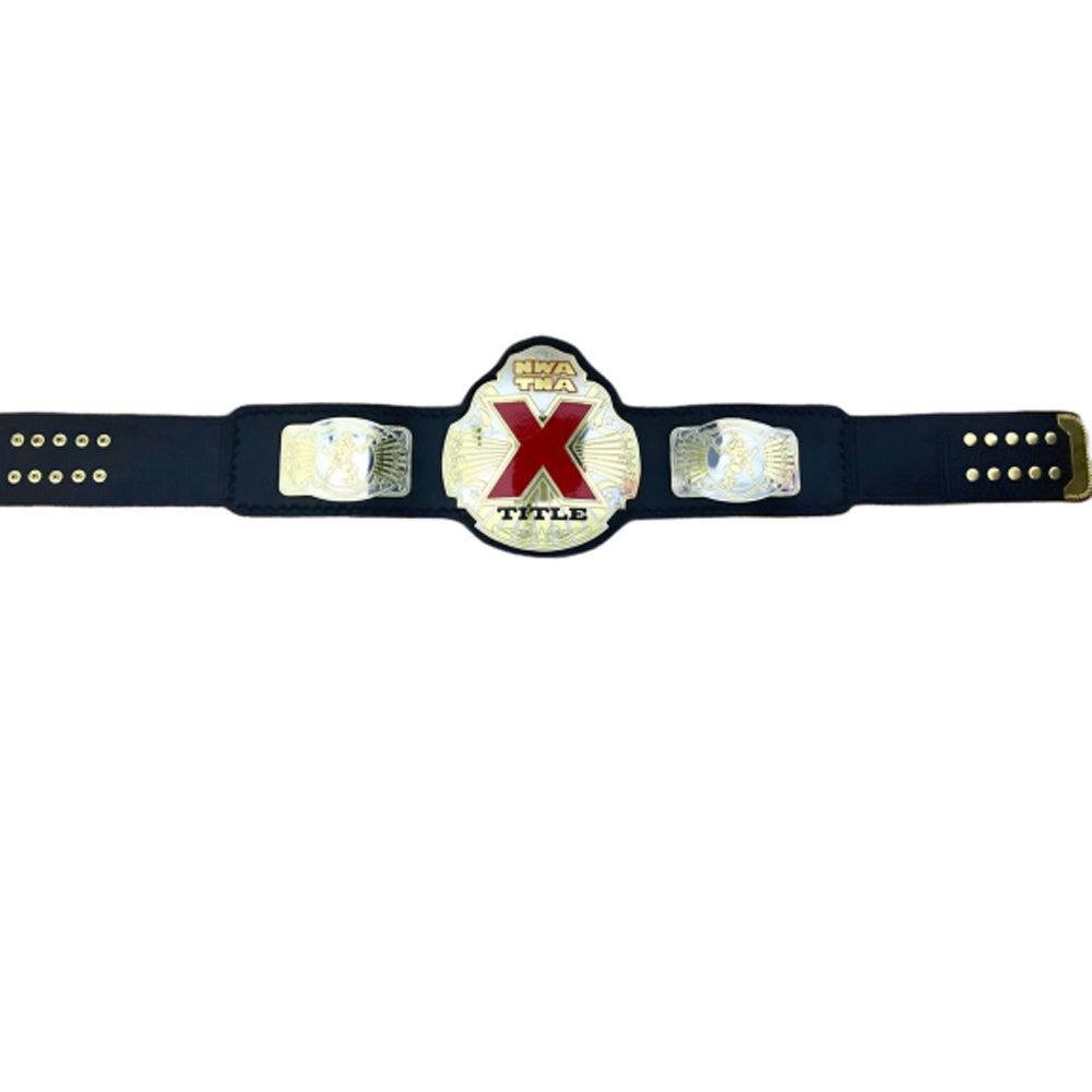 NWA TNA X Division championship belt with black strap and gold plated plates from Championship Belt Store