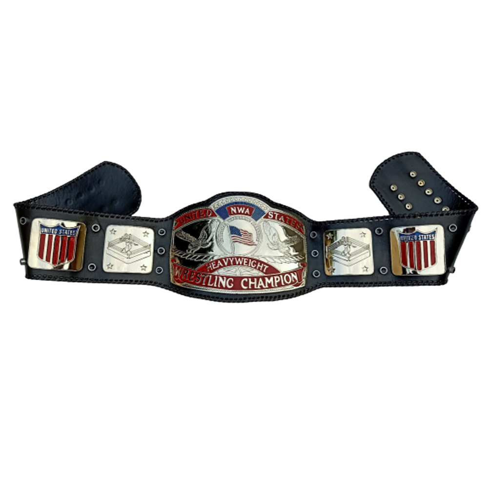 NWA United States Championship replica belt with black leather strap and detailed silver and red plates