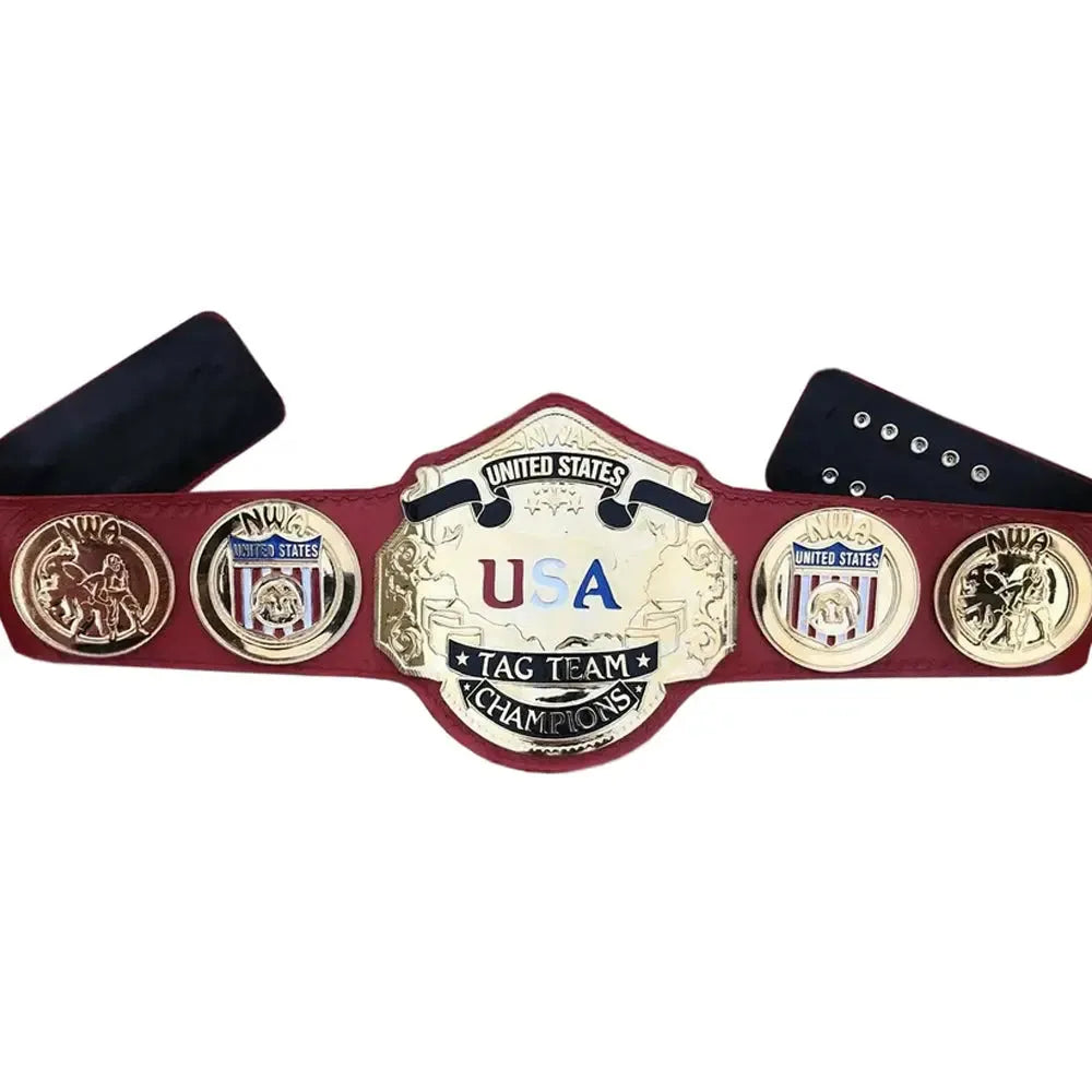 Nwa United States tag team replica belt by Championship Belt Store featuring gold plates on red leather strap