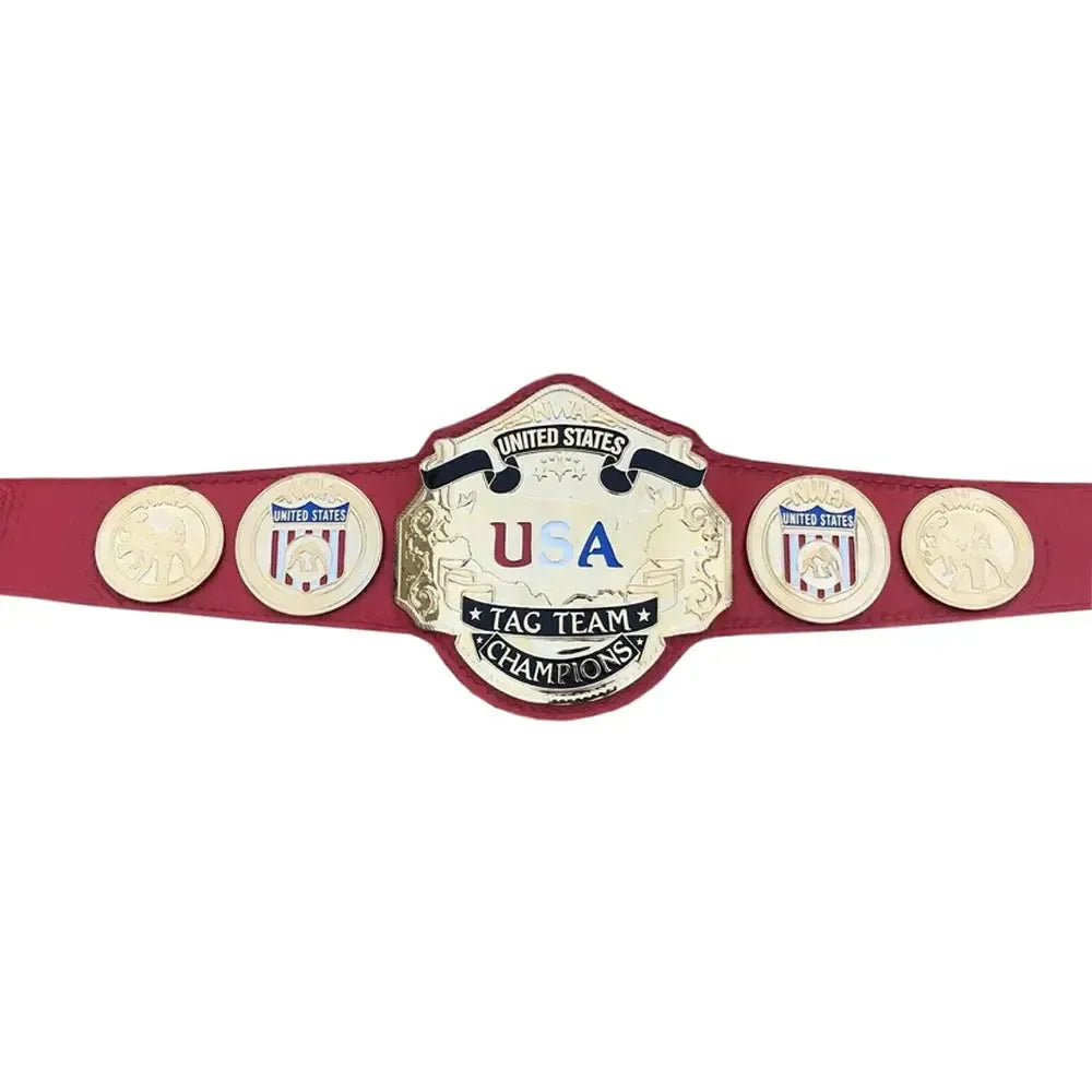 Nwa United States tag team replica belt with red strap and detailed gold plates