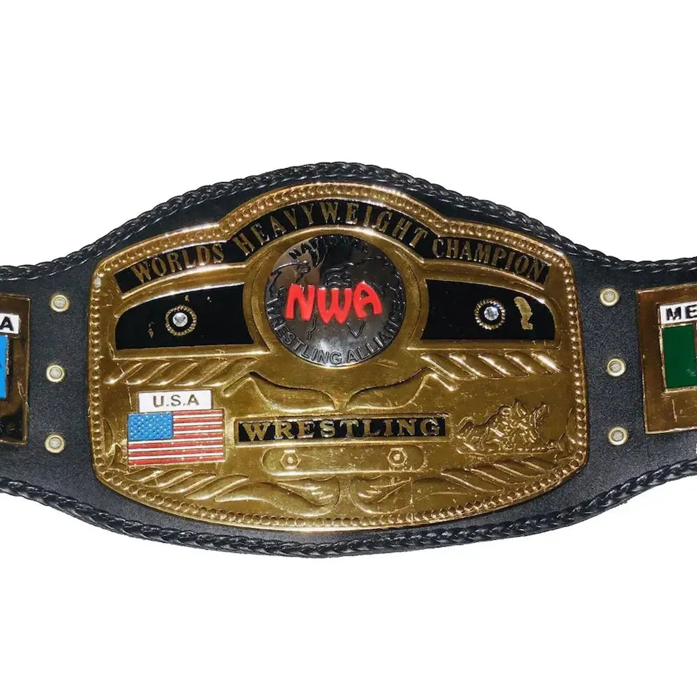 NWA world heavyweight championship replica belt with gold plate and black strap from Championship Belt Store