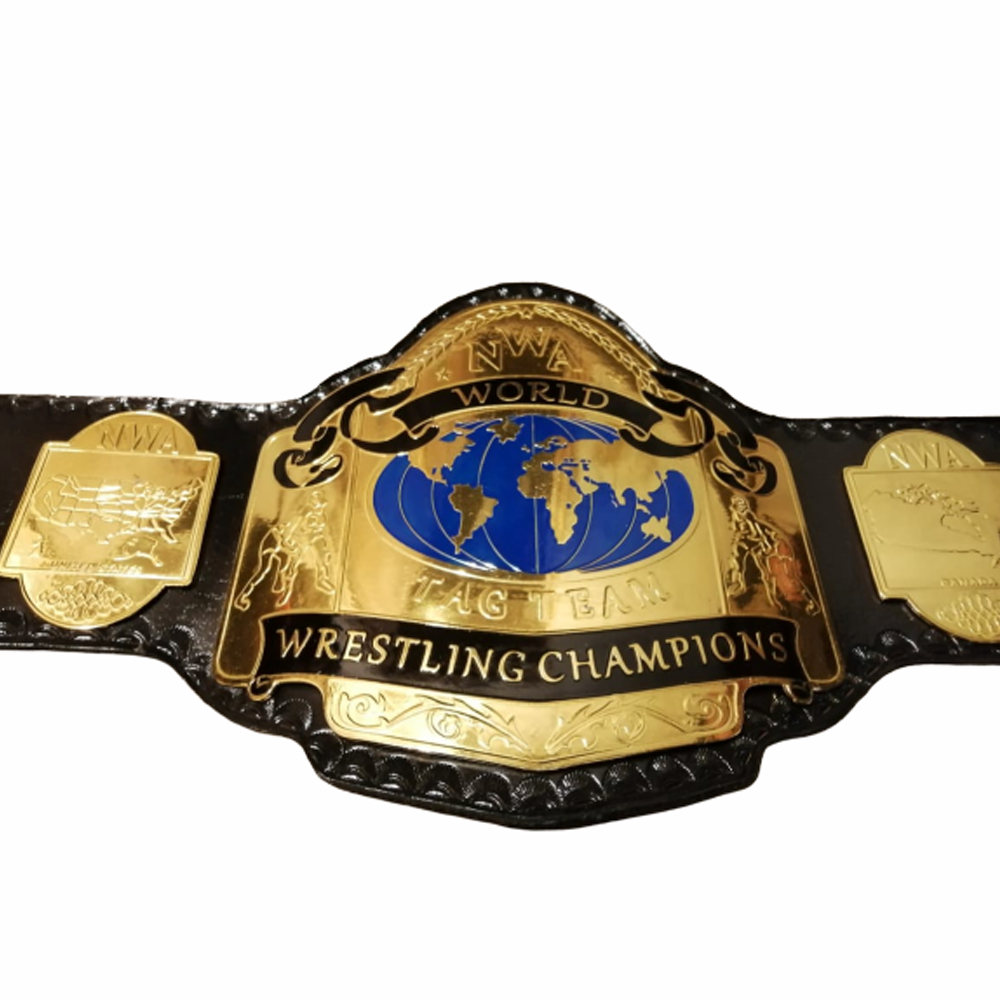 NWA World Tag Team Championship replica belt with gold plates and black leather strap from Championship Belt Store