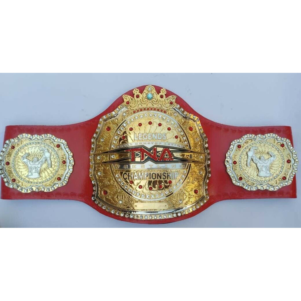 TNA Legends championship belt with gold plates and red leather strap from Championship Belt Store
