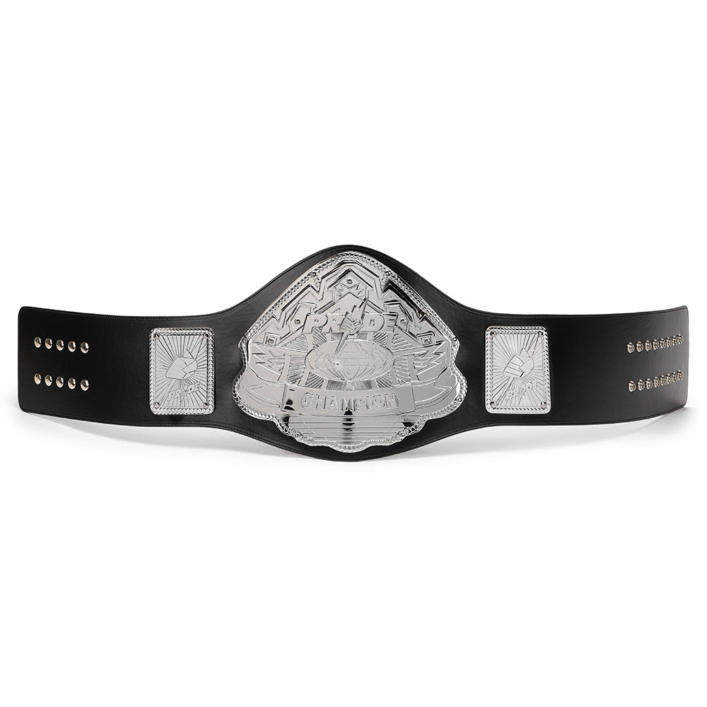 Pride style MMA belt for sale with silver plates and black leather strap by Championship Belt Store